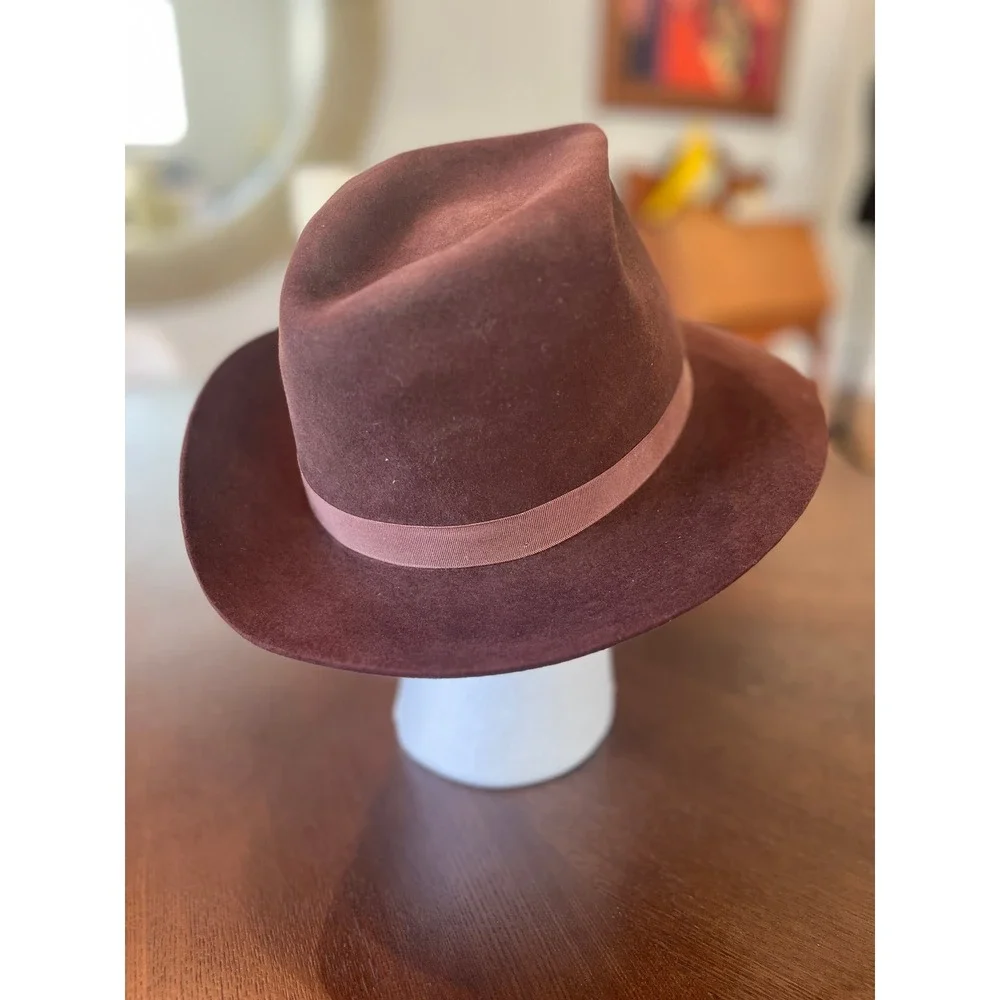 Vintage Chocolate Brown Wool Felt Fedora Hat Mens Lge Wide Brim Ribbon Band Cap